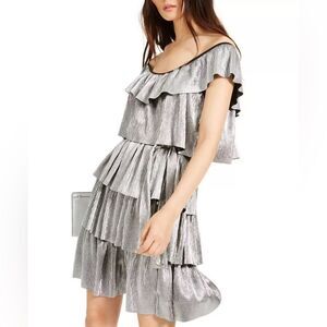 Michael Michael Kors Tiered Metallic Silver Ruffle Plisse Mini Dress Size L